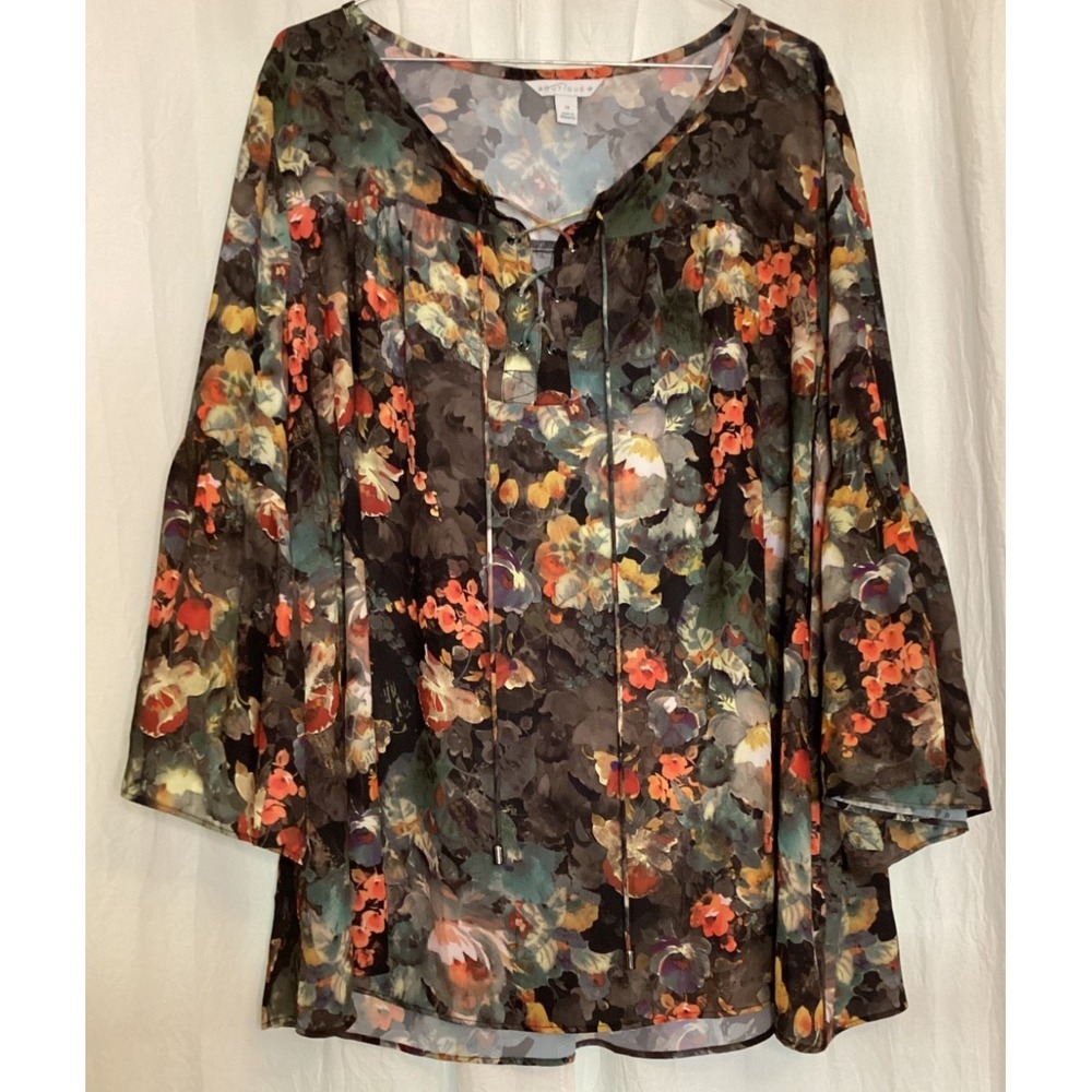 Boutique Floral Ruffle Sleeve Lace Up Blouse Plus Size 1X
